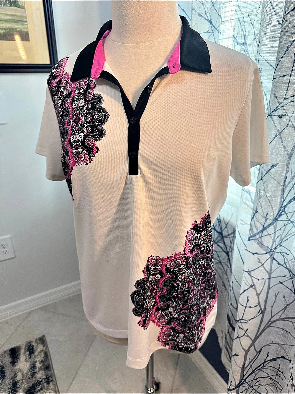 EP Pro Floral Polo Shirt in White & Black XL Like New